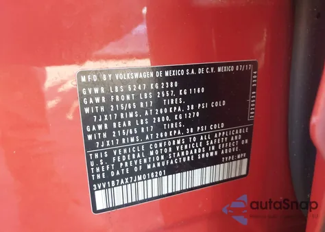 2018 Volkswagen Tiguan S из США, поврежденный, VIN 3VV1B7AX7JM016201